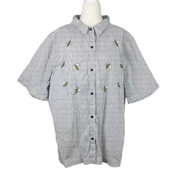 Vintage 90s White Stag white and navy blue striped button down top 22W - Picture 1 of 6
